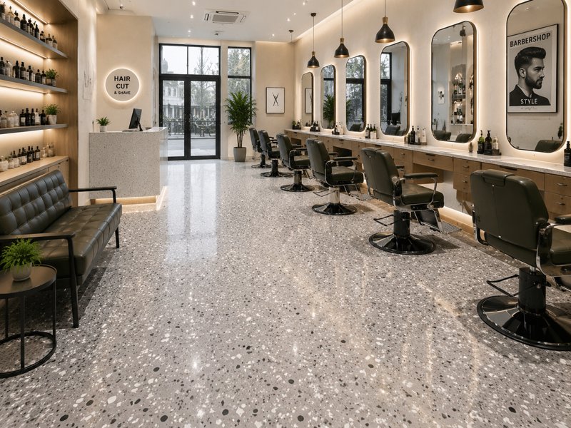 Epoxy Colored Sand Floor coatings for Hair Salons | Seamless, Luxurious, Slip-Resistant, Stain-Resistant, High-End Trendy Texture